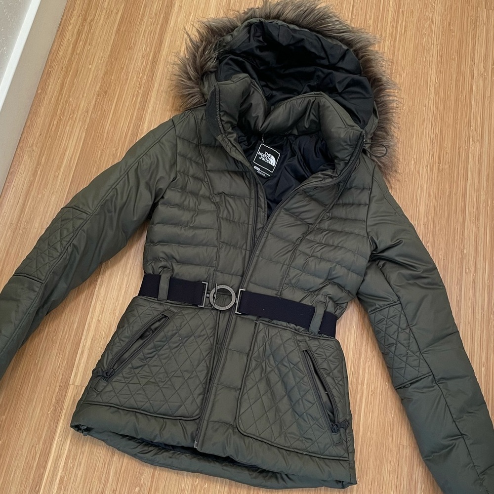 Green North Face Parkina Down Jacket Belted with Fur Hood XS